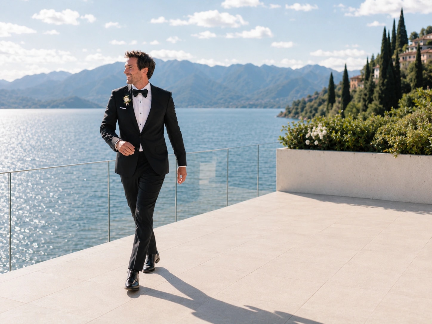 Portrait du marié avec vue sur le Lac Léman