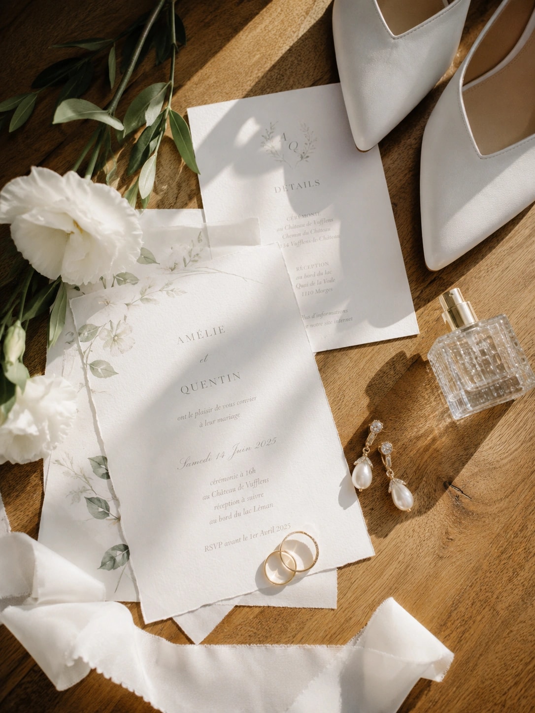 Détails raffinés de mariage avec papeterie et accessoires