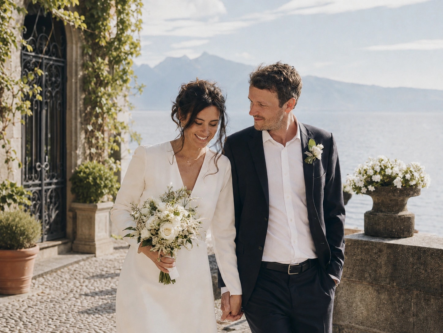 Portrait de couple de mariage au bord du lac